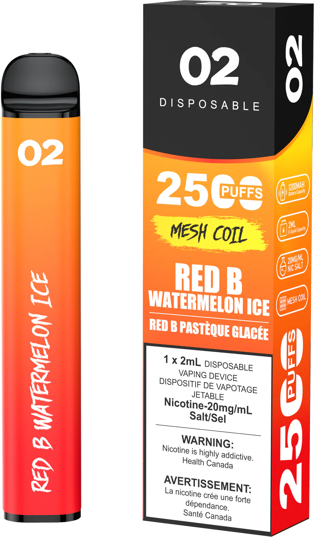 O2 Disposable 2500 Puffs - Red B Watermelon Ice